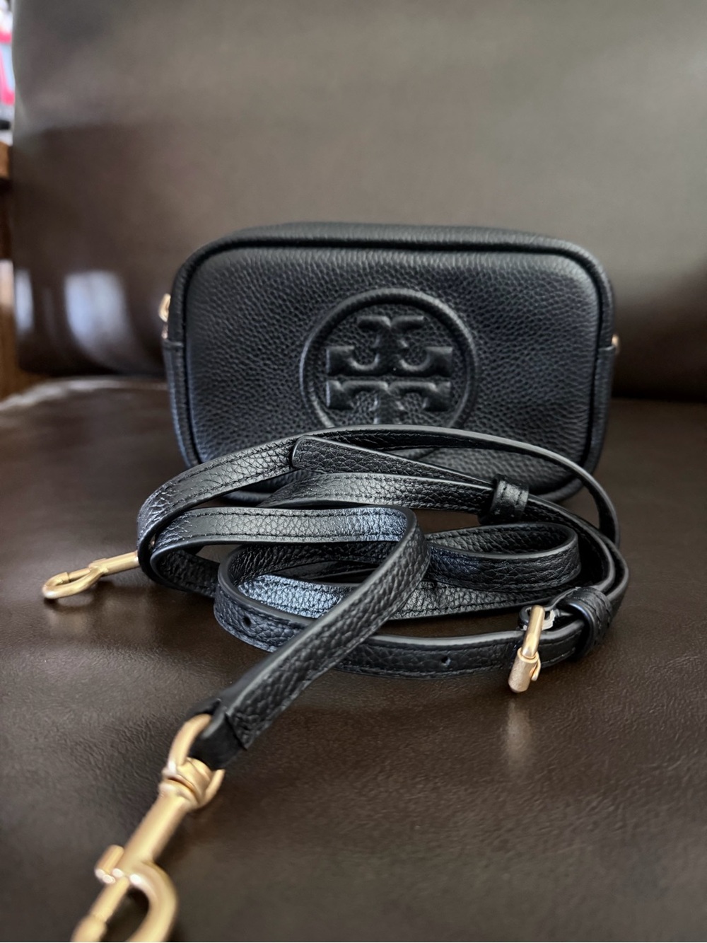 Tory Burch Black Pebbled Leather Logo Crossbody with Gold Hardware